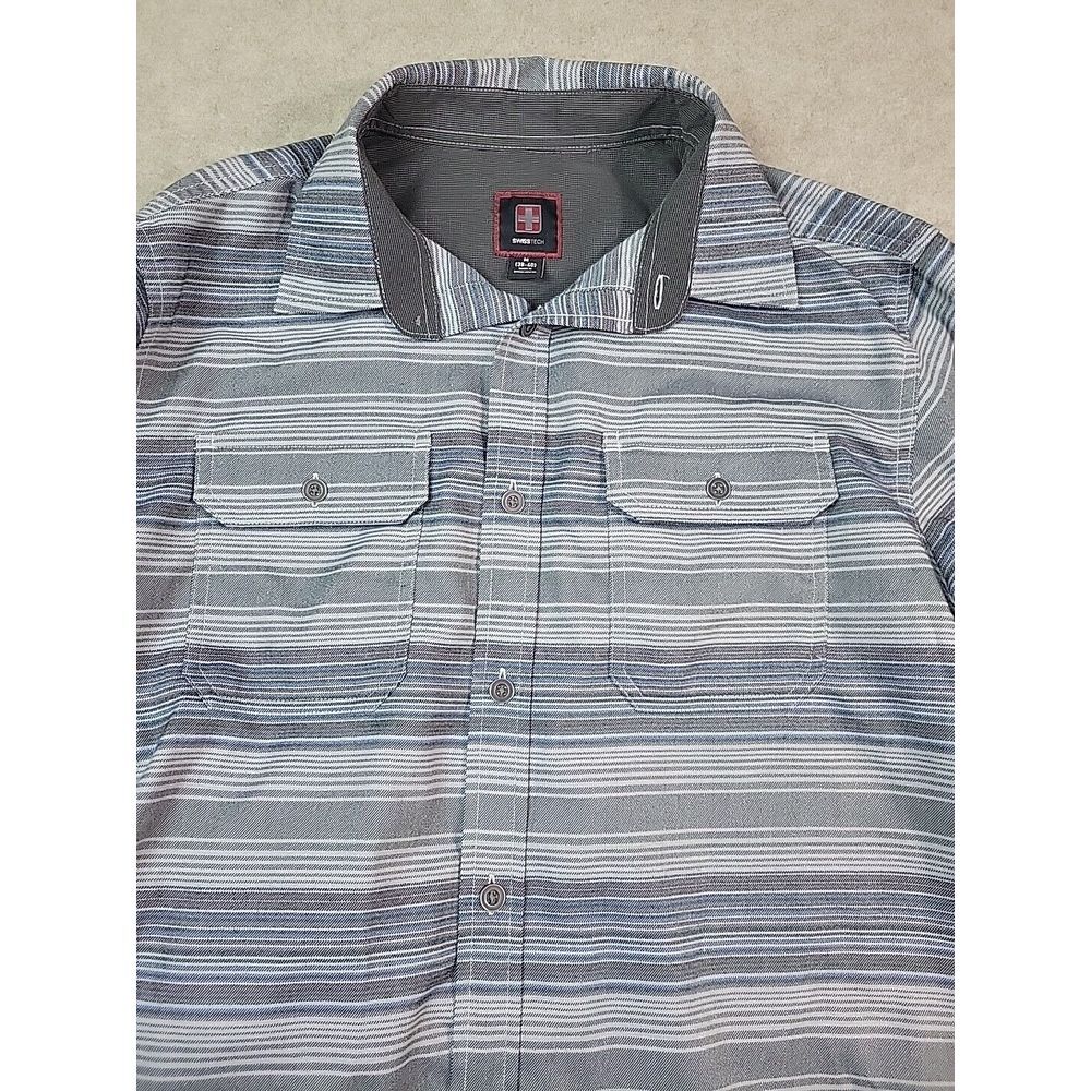 Swiss Tech Mens Shirt M Medium Grey Stripe‎ Long Sleeve Button Up SM47Y118